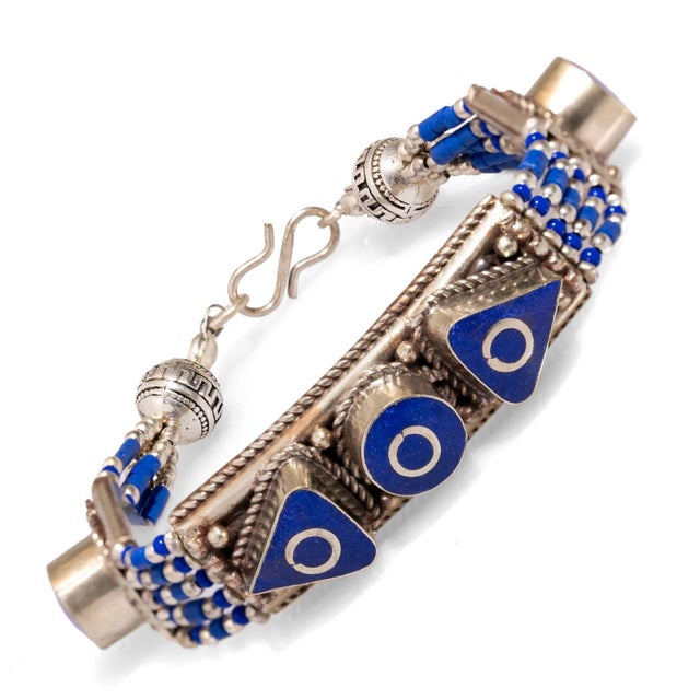 Early 21st Century Nepal Design Lapis Lazuli & Silver Bohemian Bracelet For Sale - Image 5 of 7