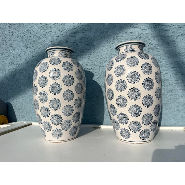 1990s Pair of Tall Vases With Blue Floral Medalions-2 For Sale - Image 5 of 6