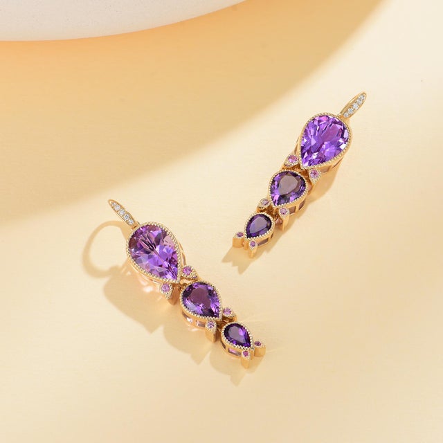 Contemporary Nina Zhou Lily of the Valley Purple Amethyst, Pink Sapphire & Diamond Drop Earrings in 14k Gold- Set of 2 For Sale - Image 3 of 4