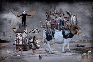Wanderers by Marcin Owczarek | Photography - Dye Sublimation on Aluminum featuring whimsical animals and a landscape
