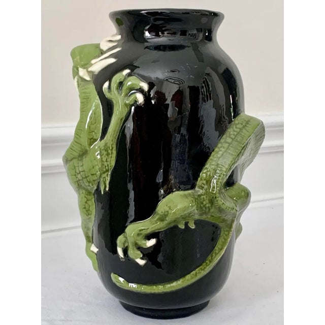 Chinoiserie Vintage Large Black Glazed Dragon Vase – Sculptural Chinoiserie Style Ceramic For Sale - Image 3 of 6