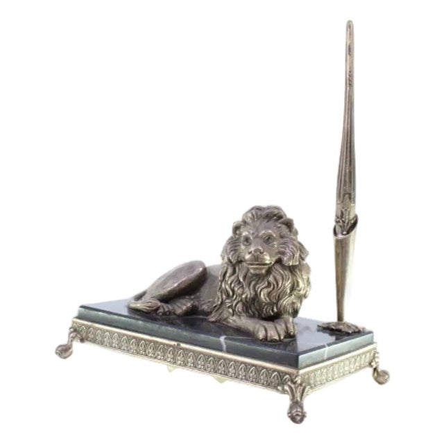 Silver Inkwell with Lion Figure and Pen on Marble and Silver Base with Claw-Shaped Feet For Sale