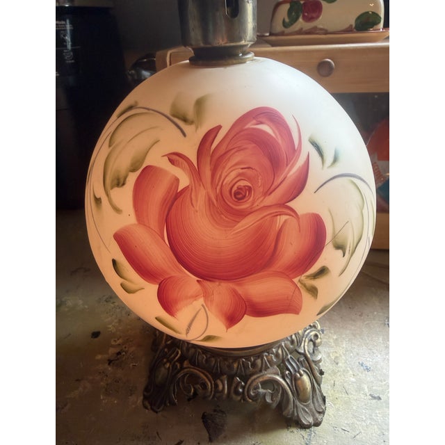 Vintage "Gone With the Wind” Hurricane Parlor Lamp Double Globe Pink Roses For Sale - Image 6 of 11