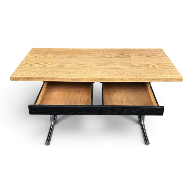 Vintage Mid-Century Modern Oak Writing Desk With Black Drawers & Chrome Base For Sale In Los Angeles - Image 6 of 15
