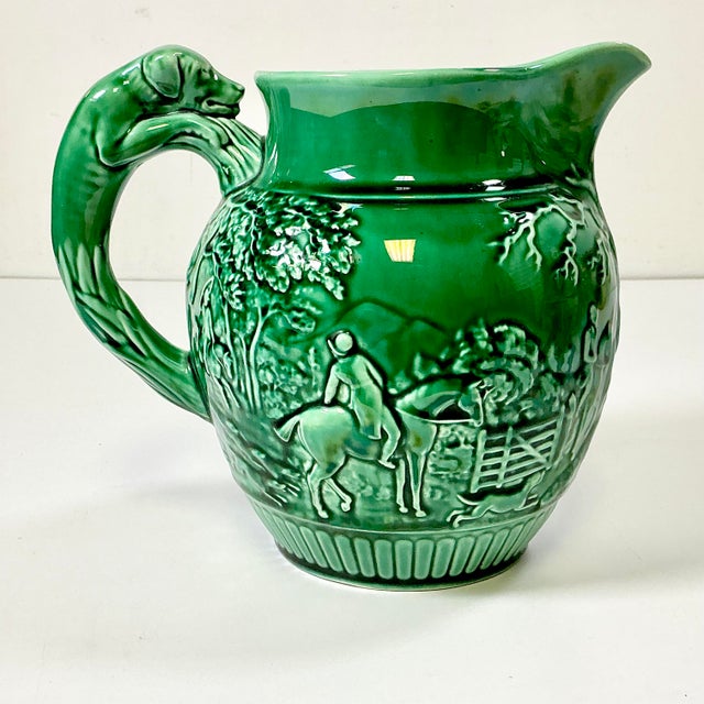 1930s Vintage Boho Chic English Rustic European Wedgwood Majolica Hunting Motif Pitcher For Sale - Image 11 of 16