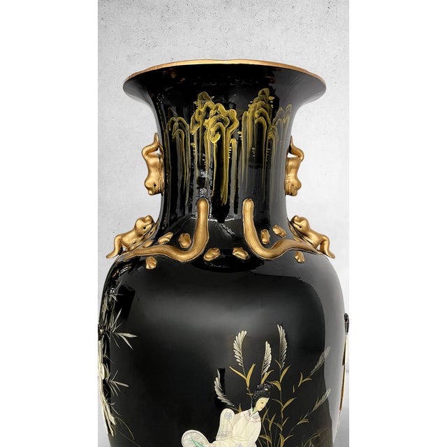 Late 20th Century Pair of Monumental Chinoiserie Black & Gilt Figural Floor Vases, 36” For Sale - Image 5 of 8
