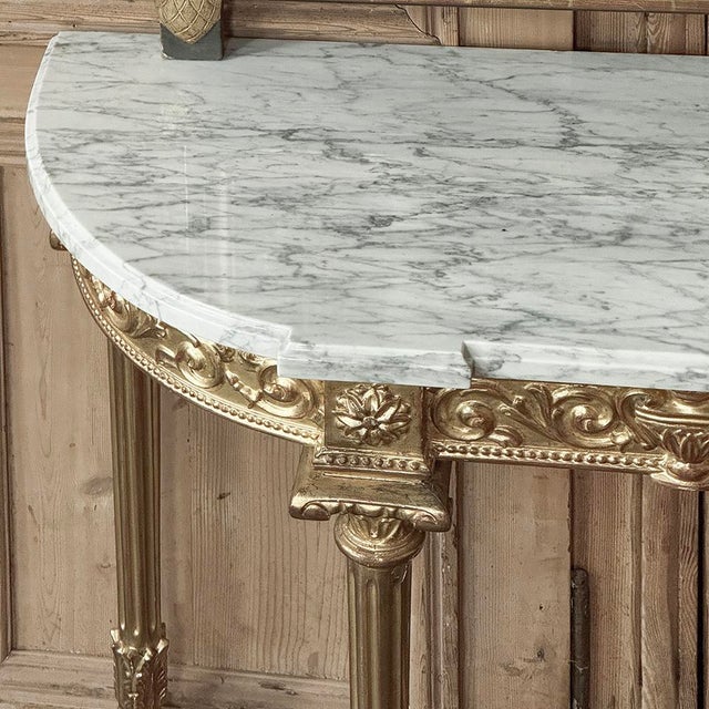 19th Century French Louis XVI Giltwood Carrara Marble Top Demilune Console For Sale - Image 17 of 18