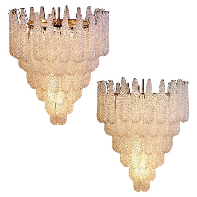 Large Italian Murano Chandelier with 52 Glass Petals Drop, 1970s, Set of 2 For Sale