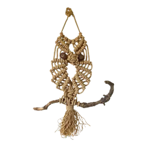 Mid Century 1960s Macramé Owl Wall Hanging Textile Art