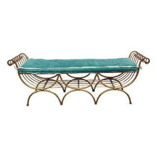 Hollywood Regency Italian Curule Gilt Wrought Iron Bench Seat With Turquoise Cushion For Sale