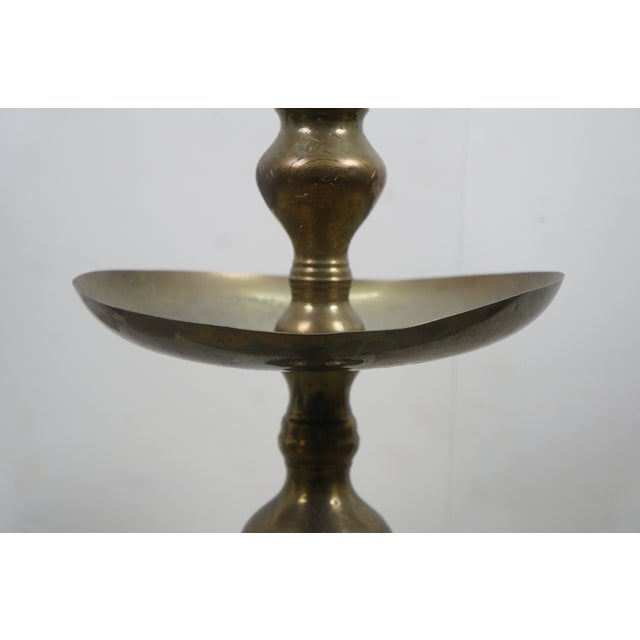 Mid 20th Century 2 Moroccan Etched Brass Altar Floor Candlesticks Candle Holders 36" For Sale - Image 4 of 13