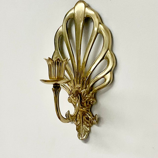 French 1970s Vintage French Peacock Lacquered Brass Candleholder Wall Sconces - A Pair For Sale - Image 3 of 17