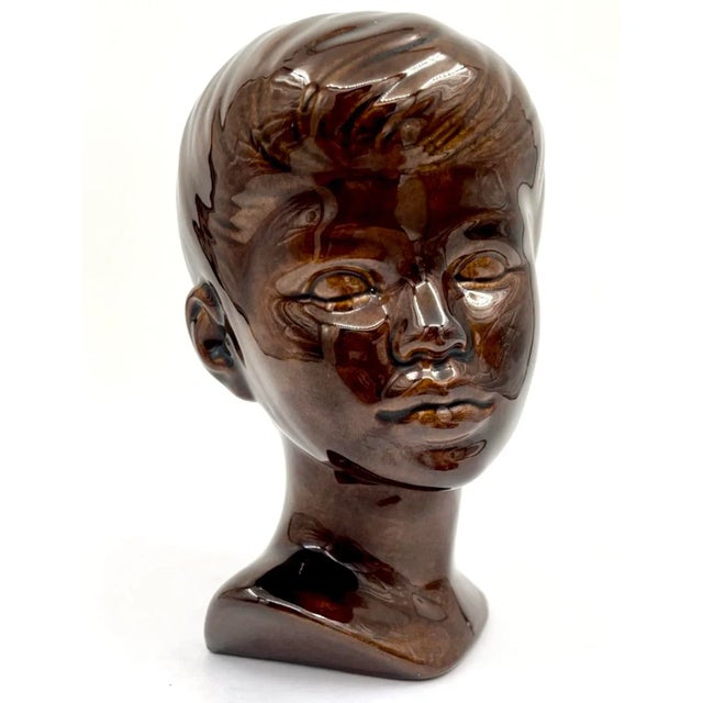 Mid-Century Modern 1970s Brown Glazed Ceramic Bust of a Boy For Sale - Image 3 of 12