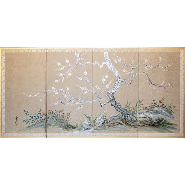 Very pretty Japanese Maki-e byobu (folding screen) depicts blossoming Sakura and Asters. Raised relief with lacquer -...