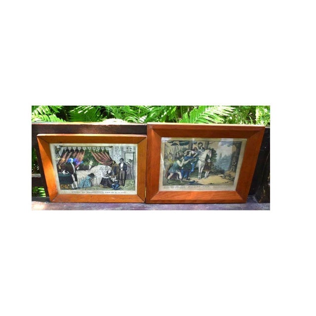 Two N. Courier engravings from late 1800s. Each was hand colored and both have antique pine frames. At right is William...