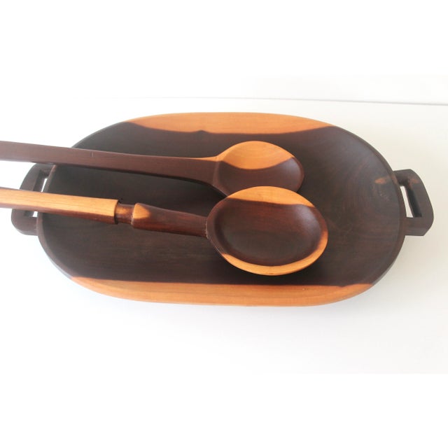 Vintage Carved Exotic Wood Serving Dish With 2 Spoons Salad Bowl For Sale - Image 6 of 11
