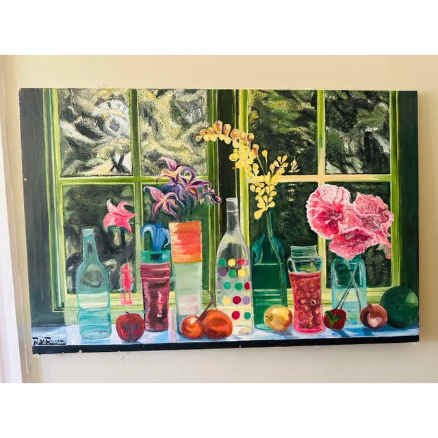 Dark Green Large Vivid Vintage Oil on Canvas Painting For Sale - Image 8 of 8