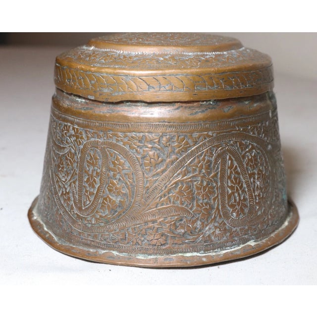 Antique 1800's Hand Made Tooled Copper Middle Eastern Lidded Tobacco Jar Box Pot For Sale In New York - Image 6 of 11