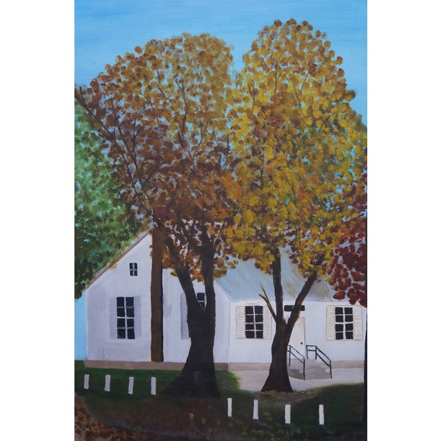Margaret Skiles White Farmhouse in Autumn Oil Painting on Board 30" For Sale - Image 4 of 13