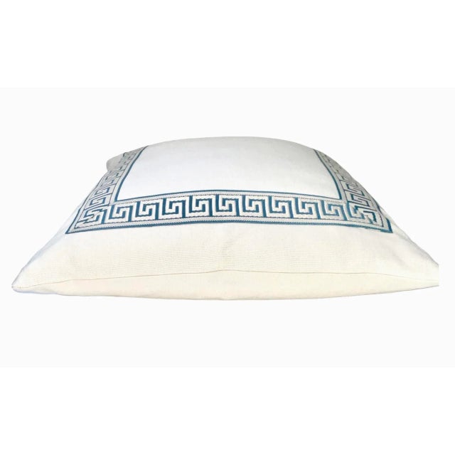 Chinoiserie Indigo Blue Greek Key Trim, Natural Off White Belgium Linen Pillow Cover For Sale - Image 4 of 6