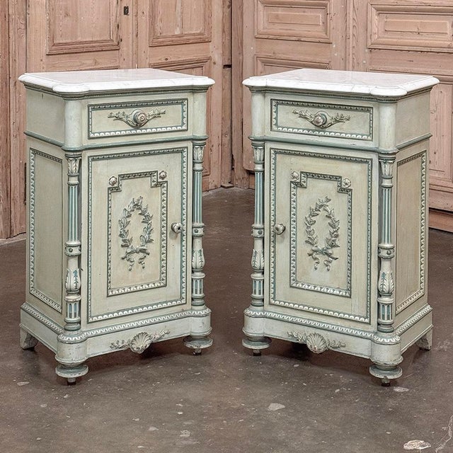 Pair 19th Century French Louis XVI Painted Nightstands With Carrara Marble For Sale - Image 4 of 18