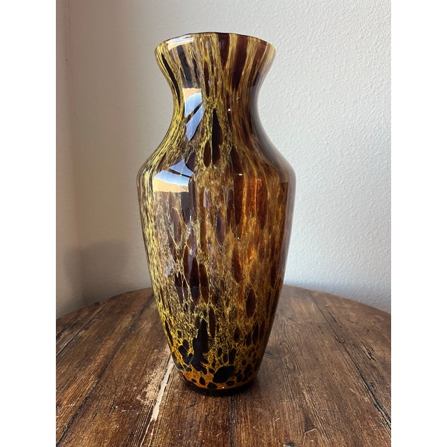 Vintage Murano Style Art Glass Vase Tortoise Design Amber, Brown and Gold Colors Made in Italy From the 1970's 5" diameter...