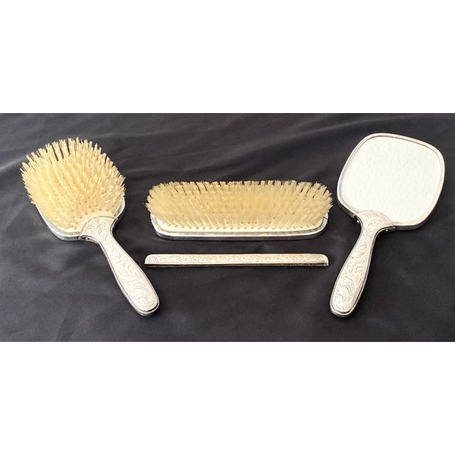 Mid 20th Century Silver Vaniety Set European Silver 835 With Crescent and Crown Hallmark, Brush, Mirror, Comb Cover, Clothes Brush - 4 Pieces. For Sale - Image 9 of 12