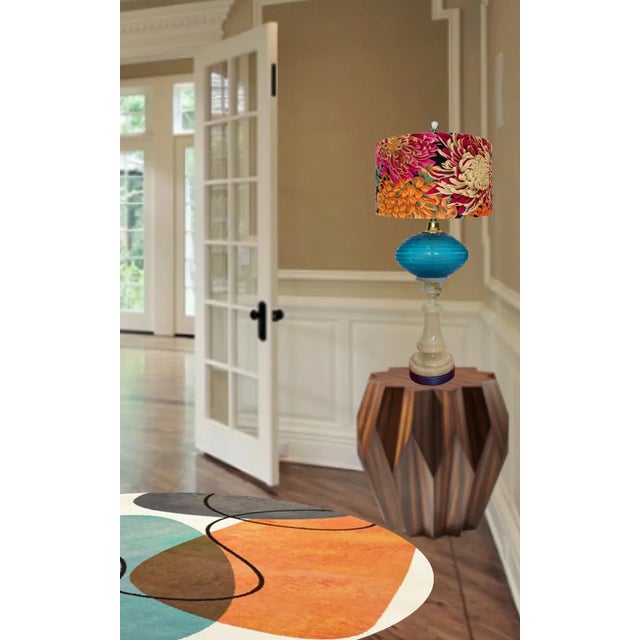 Blue Aqua Art Glass Elliptical Orb Alabaster Column Table Lamp For Sale - Image 8 of 12