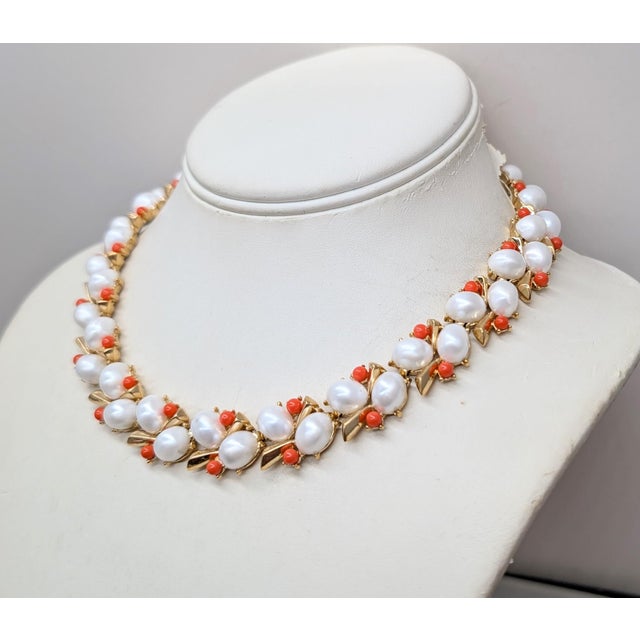 Metal Vintage 1959 Signed Crown Trifari Faux-Pearl & Faux-Coral Collar Necklace For Sale - Image 7 of 10