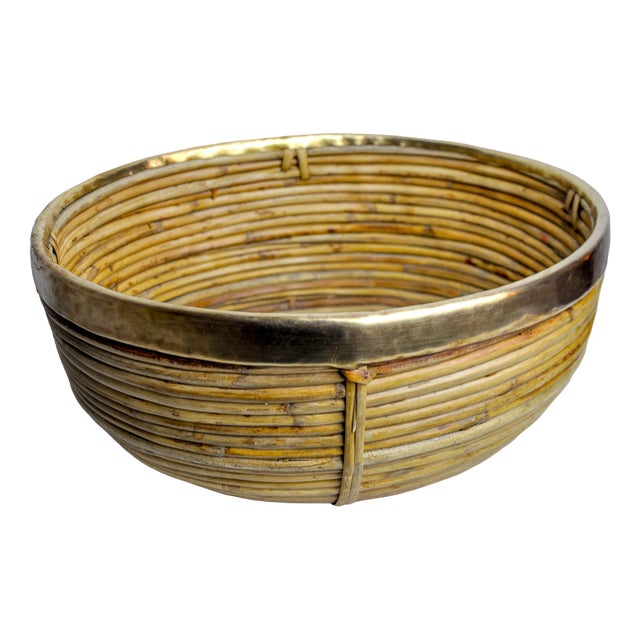 Rattan and Brass Book Holder Basket, Italy, 1970s For Sale