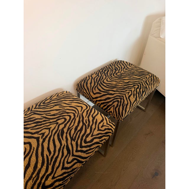 Metal Pair of Ethan Allen Black & Gold Tiger-Print Ottoman Stools For Sale - Image 7 of 9