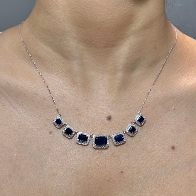Victorian 7.3ct Emerald-Cut Blue Sapphire Diamond Halo Station Necklace in 14k White Gold For Sale - Image 3 of 18