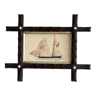 Original Hand-Painted Sailboat Painting in a Antique Folk Frame For Sale