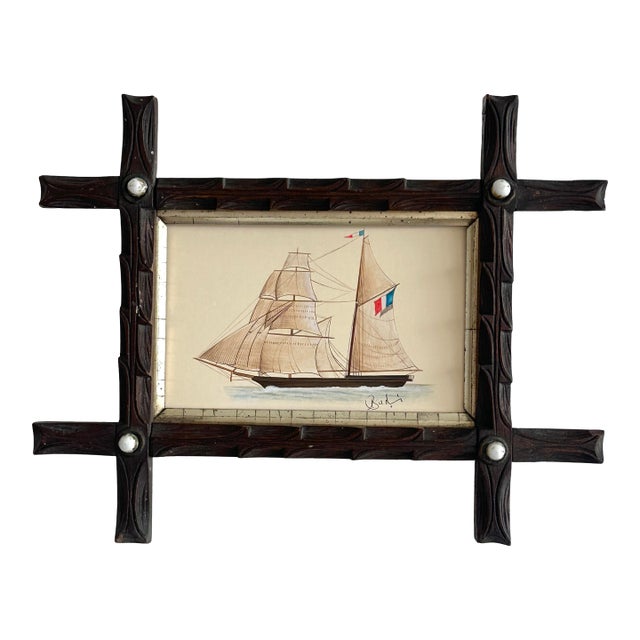 Original Hand-Painted Sailboat Painting in a Antique Folk Frame For Sale