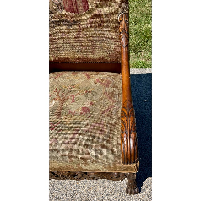 Late 19th Century Victorian Carved Wood Distressed Needlepoint Armchair Tall Back Throne Chair For Sale - Image 9 of 12