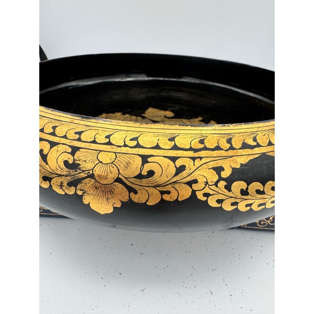Vintage Burmese Black Lacquer Bowl With Gilt Chinthe Motif For Sale - Image 4 of 9