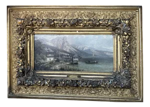 L. Coulon, Grundlsee Lake in Austria, Oil on Panel, 19th Century