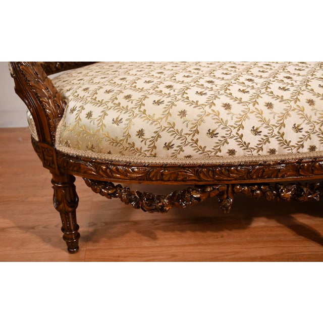 1920s Antique French Carved Walnut Spring-Seat Loveseat Sofa New Upholstery For Sale - Image 9 of 17
