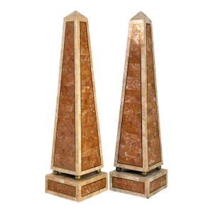 Large Pair of 1970s Maitland Smith Tessellated Stone & Brass Inlaid Obelisks
