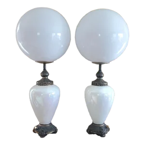 Pair of Vintage 1950s Opal Iridescent Glass Globe Table Lamps