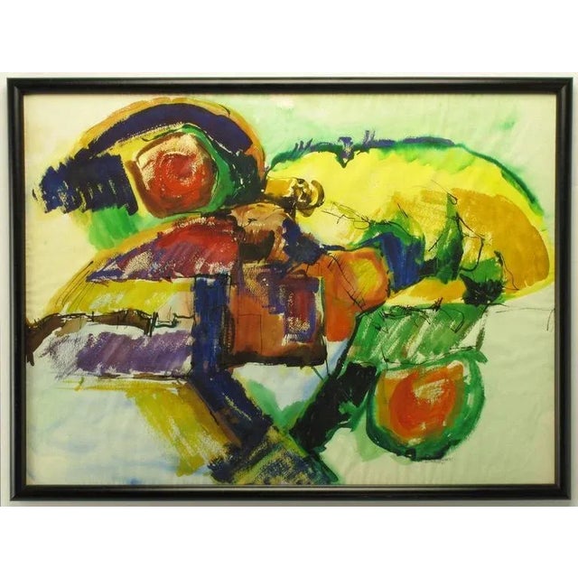 Mixed medium abstract painting on water color paper by Anne Jansen, dated 1970. Color pallet of mostly primaries in blue,...