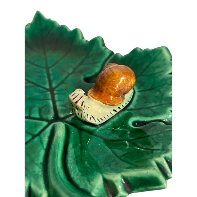 Vintage Green Majolica Leaf Plate With Snail Motif, French Country Style For Sale - Image 6 of 8