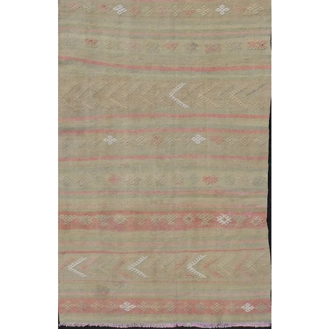 Mid 20th Century Mid 20th Century Vintage Striped Turkish Kilim Runner With Stripes in Tan Ivory & Light Coral For Sale - Image 5 of 12