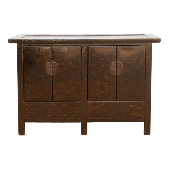 Antique Black Lacquer Chinoiserie Buffet Cabinet For Sale