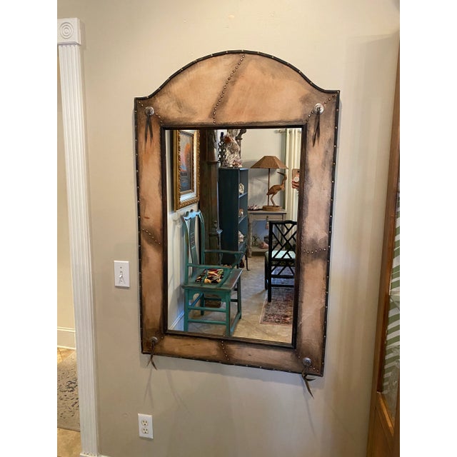 Mexican Vintage Hand Crafted Santa Fe Style Leather Mirror With Studs and Conchos For Sale - Image 3 of 13