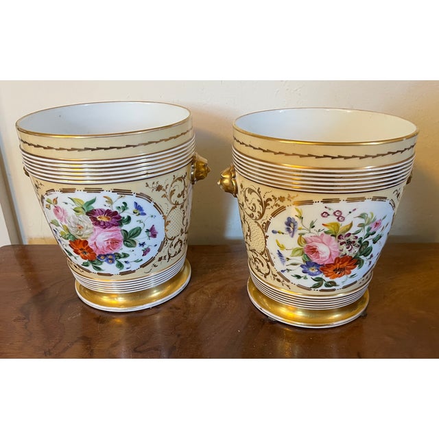 19th Century French Paris Porcelain Apricot Cachepot Planters & Stands With Lion Mask Handles Empire Taste - A Pair For Sale - Image 12 of 15