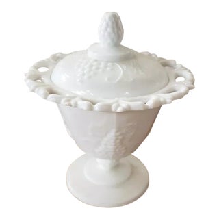 Vintage Indiana Glass Open Lace Milk Glass Grape Pattern Footed Compote With Lid For Sale