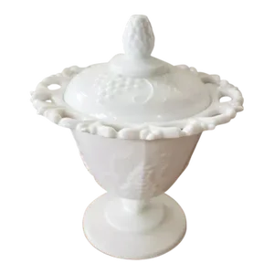 Vintage Indiana Glass Open Lace Milk Glass Grape Pattern Footed Compote With Lid