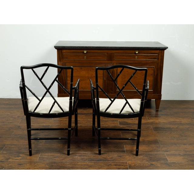 Pair of Midcentury Chinese Chippendale Style Black Faux Bamboo Armchairs For Sale In Atlanta - Image 6 of 9