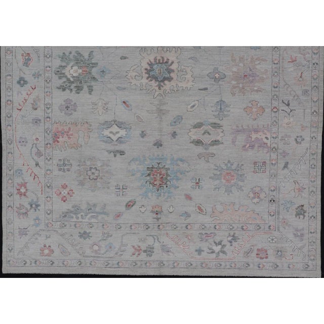 Modern 2020s All Over Modern Floral Oushak With a Light Blue-Gray Field and Border With Color For Sale - Image 3 of 13